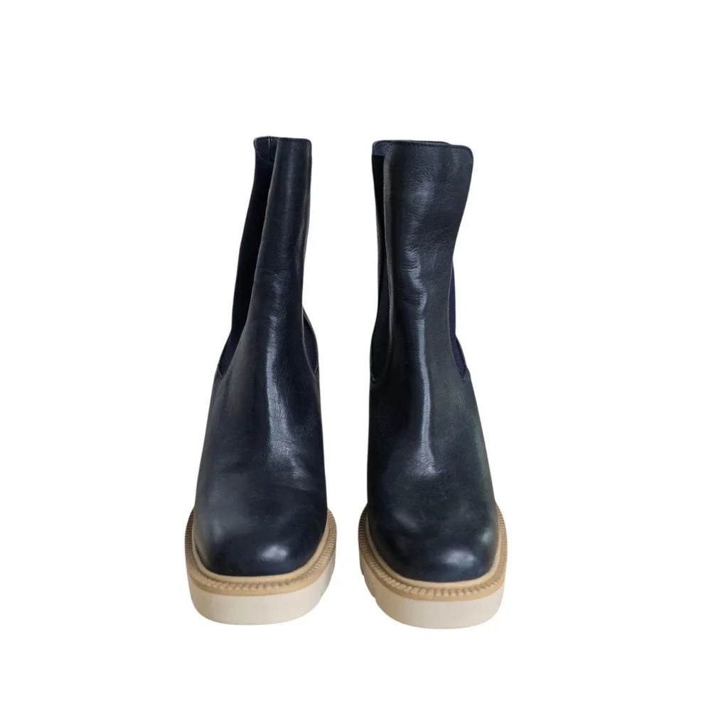 Bueno Navy Blue Leather Platform Chelsea Boots Block Heel Size 41 Made in Turkey